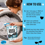 How-to-use panel showing a person scooping Molly's Suds powder into a washer with step-by-step instructions