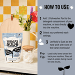 How-to-use panel with numbered steps for adding one dishwasher pod and a styled photo of the product on a counter.