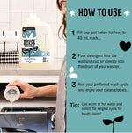 Instruction panel showing how to use Molly's Suds detergent with a person pouring detergent into a washer