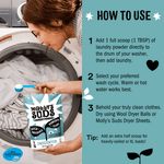 How-to-use graphic showing hands scooping Molly's Suds powder into a washing machine with numbered usage steps on a teal background.