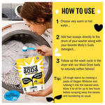 Split image showing someone adding powder to a washing machine and a yellow panel with numbered how-to-use instructions
