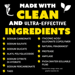 Black and yellow ingredient callout graphic listing cleaning ingredients like sodium carbonate and enzymes