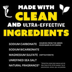 Black graphic panel listing key ingredients like sodium carbonate and magnesium sulfate with headline 'Made with clean and ultra-effective ingredients'