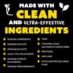 Black and yellow ingredients panel listing key cleaning ingredients like sodium carbonate and enzymes under bold headline.