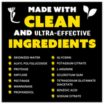 Black and yellow ingredients graphic listing components like deionized water, enzymes, glycerin and other formula ingredients