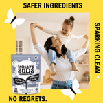 Lifestyle-style graphic with a smiling woman and child, yellow border and Molly's Suds unscented pouch pictured lower left.