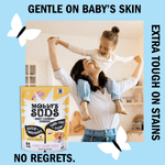 Lifestyle image of parent lifting child with Molly's Suds pouch inset and text about being gentle on baby's skin