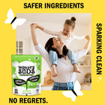 Lifestyle graphic with a smiling woman and child, Molly’s Suds Citrus pouch and headline “Safer Ingredients” on yellow background