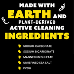 Bold black panel declaring 'Made with earth and plant-derived active cleaning ingredients' with a short ingredient list