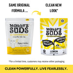 Graphic showing old white Molly's Suds pouch next to new bright yellow packaging with text about same formula and new look