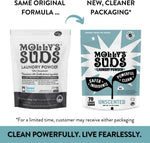 Comparison graphic showing old white Molly's Suds pouch beside new teal packaging with arrow and message about same formula, new packaging.