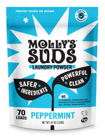 Front-facing pouch of Molly's Suds peppermint laundry powder with bold blue and white graphics and product claims