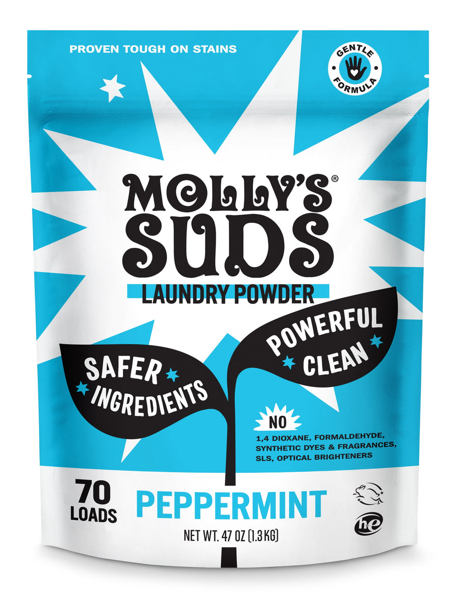 Front-facing pouch of Molly's Suds peppermint laundry powder with bold blue and white graphics and product claims