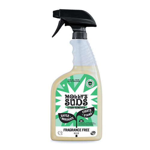 Front-facing spray bottle of Molly's Suds stain remover with green label and 'fragrance free' visible