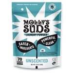 Front-facing teal and white Molly's Suds unscented laundry powder pouch with 'Safer Ingredients' and 'Powerful Clean' graphics.