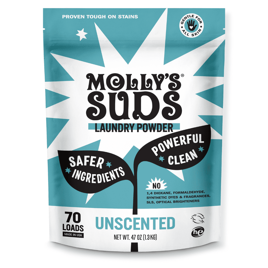 Front-facing teal and white Molly's Suds unscented laundry powder pouch with 'Safer Ingredients' and 'Powerful Clean' graphics.