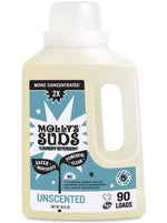 Bottle of Molly's Suds unscented concentrated liquid laundry detergent with blue label and 90 loads claim
