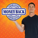 Promotional graphic with a man presenting a large 'Money Back Guarantee' badge on an orange textured background