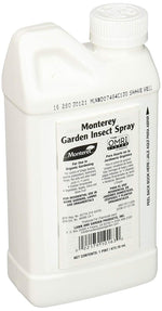 Rear three-quarter view of Monterey Garden Insect Spray white bottle showing printed product label and barcode