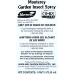 Close-up of product information panel for Monterey Garden Insect Spray with safety warning and OMRI logo
