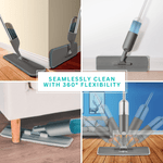Collage showing the True & Tidy spray mop flexing, cleaning under furniture, and using 360° swivel flexibility