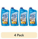 Four blue Mop & Glo 3-in-1 floor polish bottles lined up with a '4 Pack' label beneath
