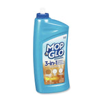Tilted blue Mop & Glo 3-in-1 bottle showing front label and cap, product name clearly visible