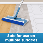 Mop head with disposable cloth cleaning across different floor surfaces, text panel stating safe for multiple surfaces