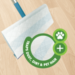 Angled view of a mop head with a white quilted cloth and a green circular graphic highlighting pet-hair trapping
