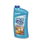 Blue Mop & Glo 3-in-1 floor polish bottle photographed at a slight angle showing front label and flip-top cap.