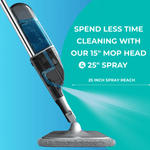 Close-up of spray mop head and bottle spraying liquid with text calling out 15" mop head and 25" spray reach
