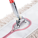Close-up of mop head showing metal mop frame clipped into the center pocket and red-trimmed zipper opening