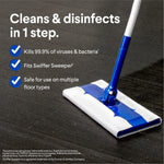 Mop head on dark floor with overlay text listing benefits: cleans & disinfects in one step and fits Swiffer Sweeper