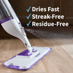 Close-up of Rejuvenate spray mop head spraying cleaner with text highlighting dries fast, streak-free, residue-free