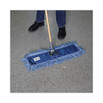 Person mopping a speckled floor using a blue fringe mop head attached to a handle