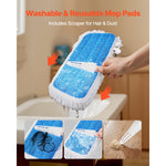 Hand using a white plastic scraper on a blue microfiber mop pad with water droplets and smaller images of hair and debris removal