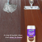 Split-scene comparison of a traditional mop versus Swiffer Power Mop on wood floor with product bottle and drying claim