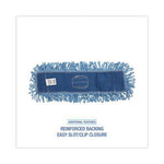 Blue mop head shown flat with text calling out reinforced backing and slot/clip closure