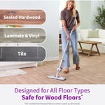 Lifestyle shot of a person mopping a living room floor with a Rejuvenate spray mop and usage callouts