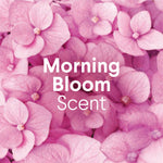 Close-up of pink hydrangea petals with the words Morning Bloom Scent overlaid in white text
