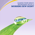 Macro of a dewdrop on a green leaf with purple background and text stating a morning dew scent
