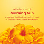 Graphic panel describing the 'Morning Sun' scent with large yellow-orange hibiscus and floral imagery