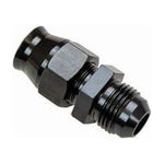 Tight close-up of a black anodized Moroso AN male to tube compression adapter showing threads and nut