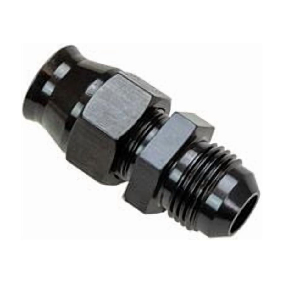 Tight close-up of a black anodized Moroso AN male to tube compression adapter showing threads and nut