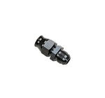 Close-up of a black anodized Moroso AN male to tube compression fitting on a white background