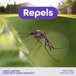 Close-up photograph of a mosquito on a green leaf with header text ‘Repels’ and product claim footer