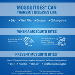 Informational blue panel listing diseases mosquitoes can transmit and prevention tips with icons and ingredient list