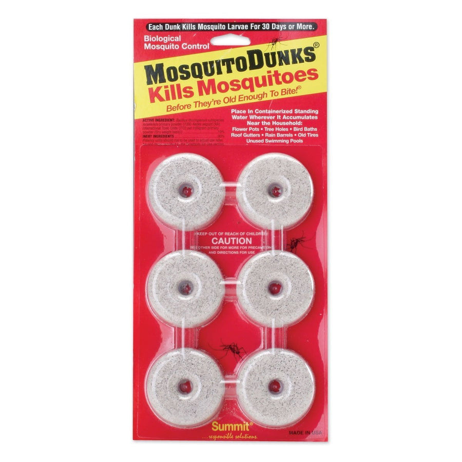 Retail blister pack of six round Mosquito Dunks larvicide disks on red Summit-branded backing card.