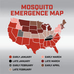 U.S. mosquito emergence map with color key indicating timing of mosquito activity across states