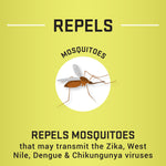 Illustration of a mosquito above text declaring the product repels mosquitoes and lists diseases